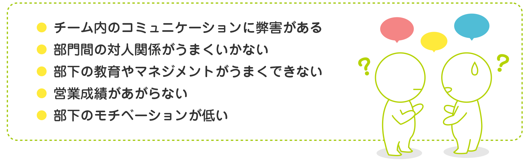 部下のコミュニケーション教育がうまくできない／マネジメントがうまくいかない／部門間の対人関係がうまくいかない／営業成績があがらない／部下のモチベーションが低い